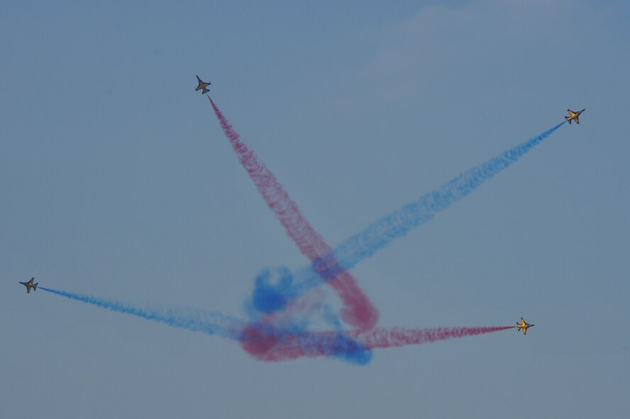 The Republic of Korea Air Force's premiere demonstration team, the Black Eagles, perform aerial demonstrations for Air Power Day 2012 at Osan Air Base, Republic of Korea, Oct. 20, 2012. Air Power Day 2012 represents an annual opportunity for the United States to showcase its military personnel and unique equipment to a global audience.The airshow highlights the relationship between the 51st Fighter Wing and the Republic of Korea through public demonstrations of military equipment and personnel. (U.S. Air Force photo/Staff Sgt. Craig Cisek)