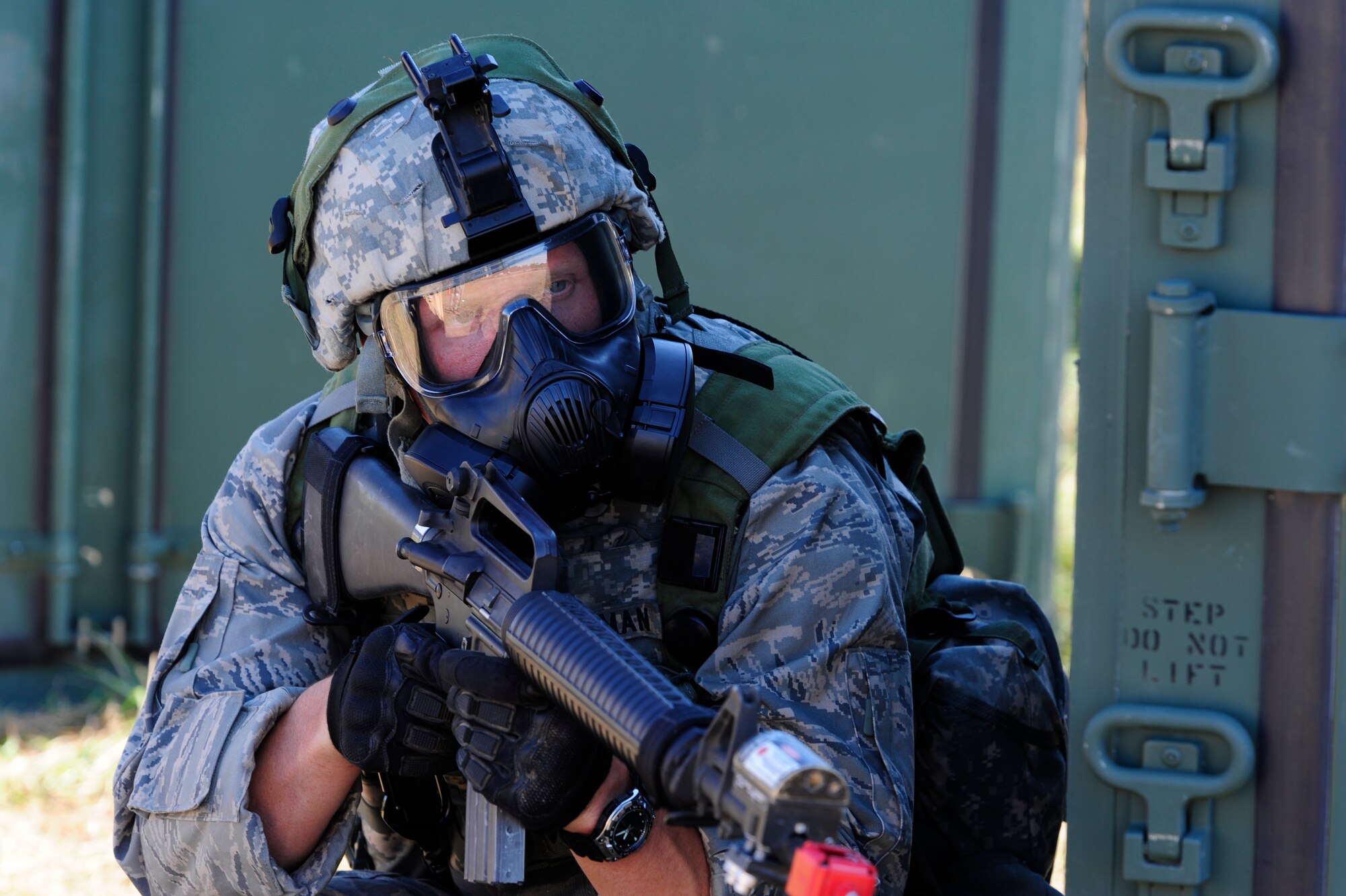 FORT POLK, La. – U.S. Air Force Master Sgt. Justin Halterman, 570th Contingency Response Group aerial transportation craftsman from Travis Air Force Base, Calif., guards his group command post during a firefight at Geronimo Landing Zone on Fort Polk, La. Oct 15, 2012.   The CRG was supporting Joint Readiness Training Center Exercise - Decisive Action. The exercise includes emphasis on joint forcible entry, phased deployment with an airborne parachute operation, a combined noncombatant evacuation, combine arms maneuver, wide area security, unconventional warfare and unified land operations in a joint, interagency, intergovernmental and multinational environment. (U.S. Air Force photo by Tech. Sgt.  Parker Gyokeres) (Released)