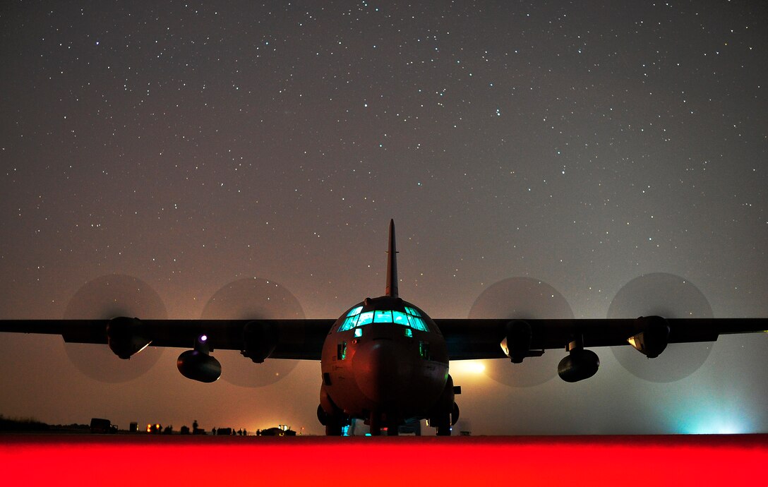 FORT POLK, La. -- A C-130J Hercules assigned to Little Rock Air Force Base, Ark. performs an engine-running offfload at Geronimo Landing Zone on Fort Polk, La. Oct 17, 2012.  The aircraft was providing resupply to the Joint Readiness Training Center Exercise Decisive Action. The exercise includes emphasis on joint forcible entry, phased deployment with an airborne parachute operation, a combined noncombatant evacuation, combine arms maneuver, wide area security, unconventional warfare and unified land operations in a joint, interagency, intergovernmental and multinational environment. (U.S. Air Force photo by Tech. Sgt.  Parker Gyokeres) (Released).