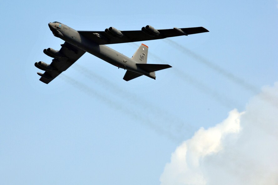 A B-52 Stratofortress from Andersen Air Force Base, Guam, performs a fly over during Air Power Day 2012 on Osan Air Base, Republic of Korea, Oct. 20, 2012. The air show highlights the relationship between the 51st Fighter Wing and the ROK through public demonstrations of military equipment and personnel. (U.S. Air Force photo/Airman 1st Class Alexis Siekert)