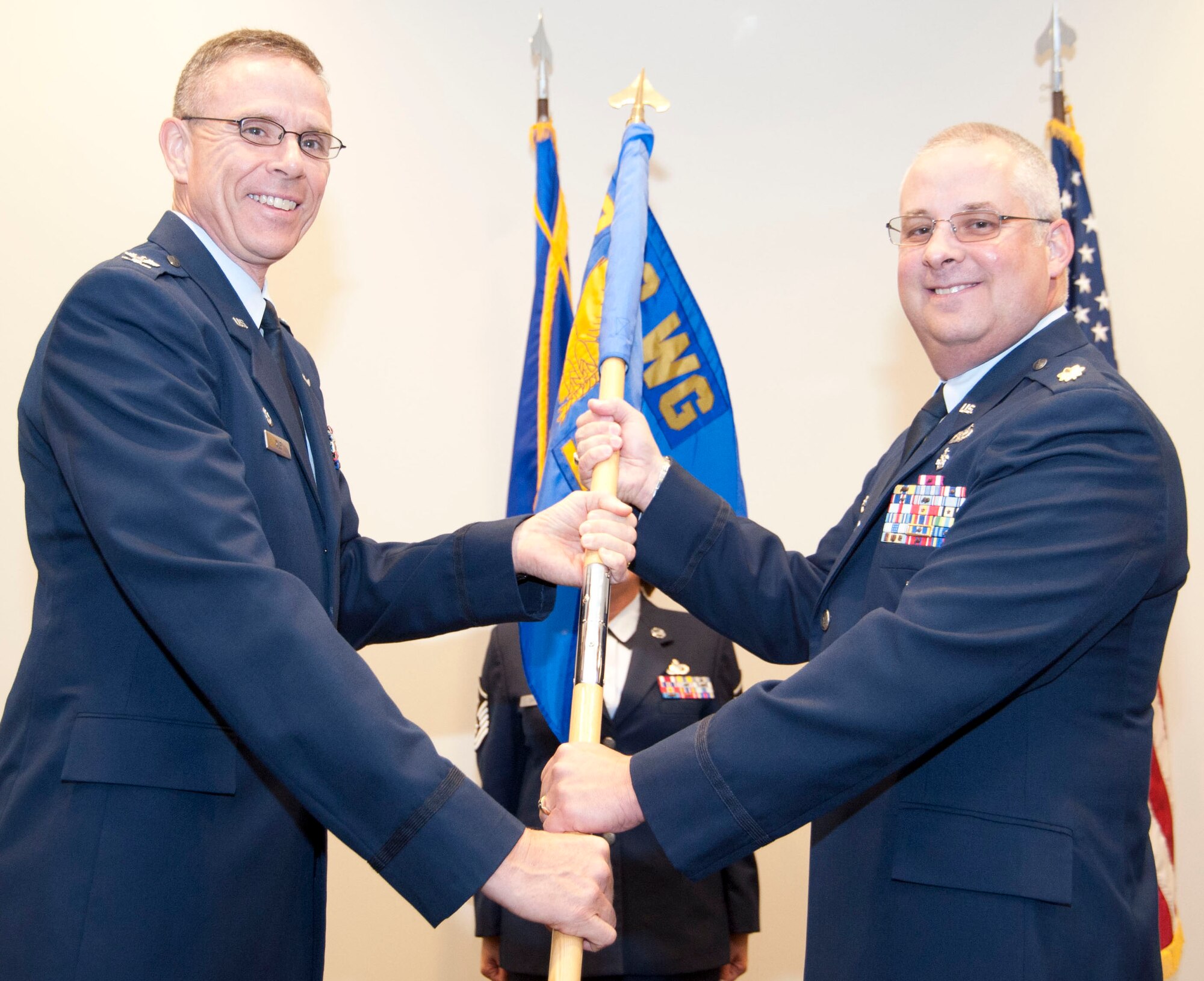 New 403rd Logistics Readiness Squadron Commander Maj. Daniel Johnson (at right) was previously chief of Logistics Readiness for 22nd Air Force.  At left is Col. Kevin Reilly, 403rd Mission Support Group commander. U.S. Air Force photo by Tech Sgt. Ryan Labadens 