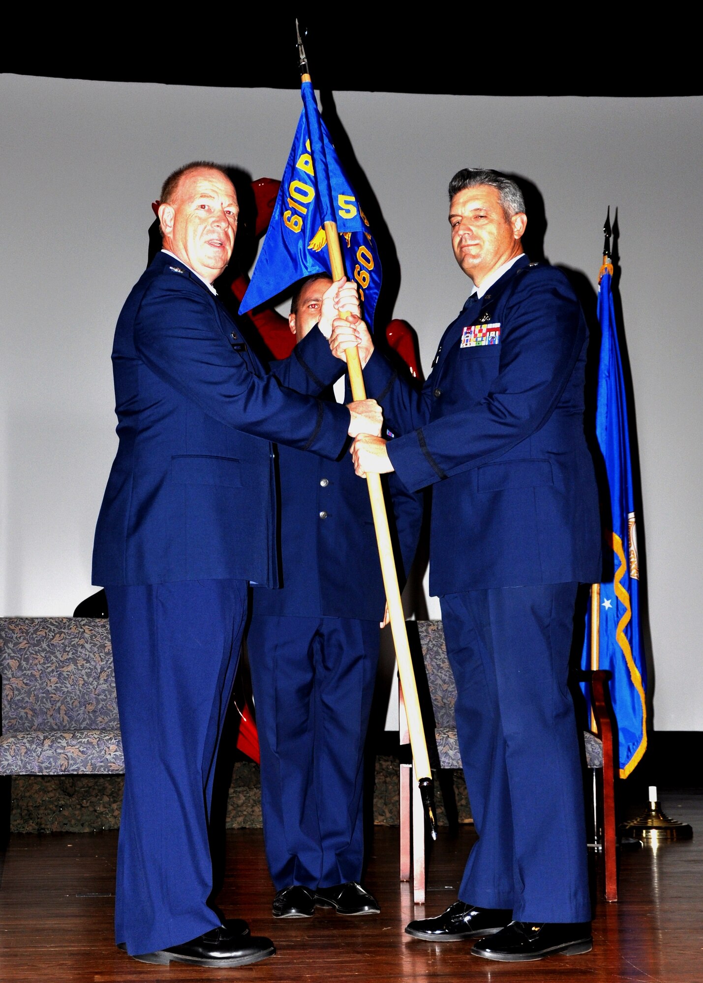 Lt. Col. Joseph Swaim assumed command of the 560th Red Horse Squadron here during a ceremony held at the Joint Base Charleston theater, Saturday.  The ceremony was presided over by Col. Franklin Myers, 622nd Civil Engineering Group, Commander.  Rapid Engineer Deployable Heavy Operational Repair Squadron Engineers (RED HORSE) units are the United States Air Force's equivalent of the U.S. Navy Seabees and these specialized units provide the U.S. Air Force with a highly mobile civil engineering response force to support contingency and special operations worldwide. (U.S. Air Force Photo by 1st Lt. Jeff Kelly)