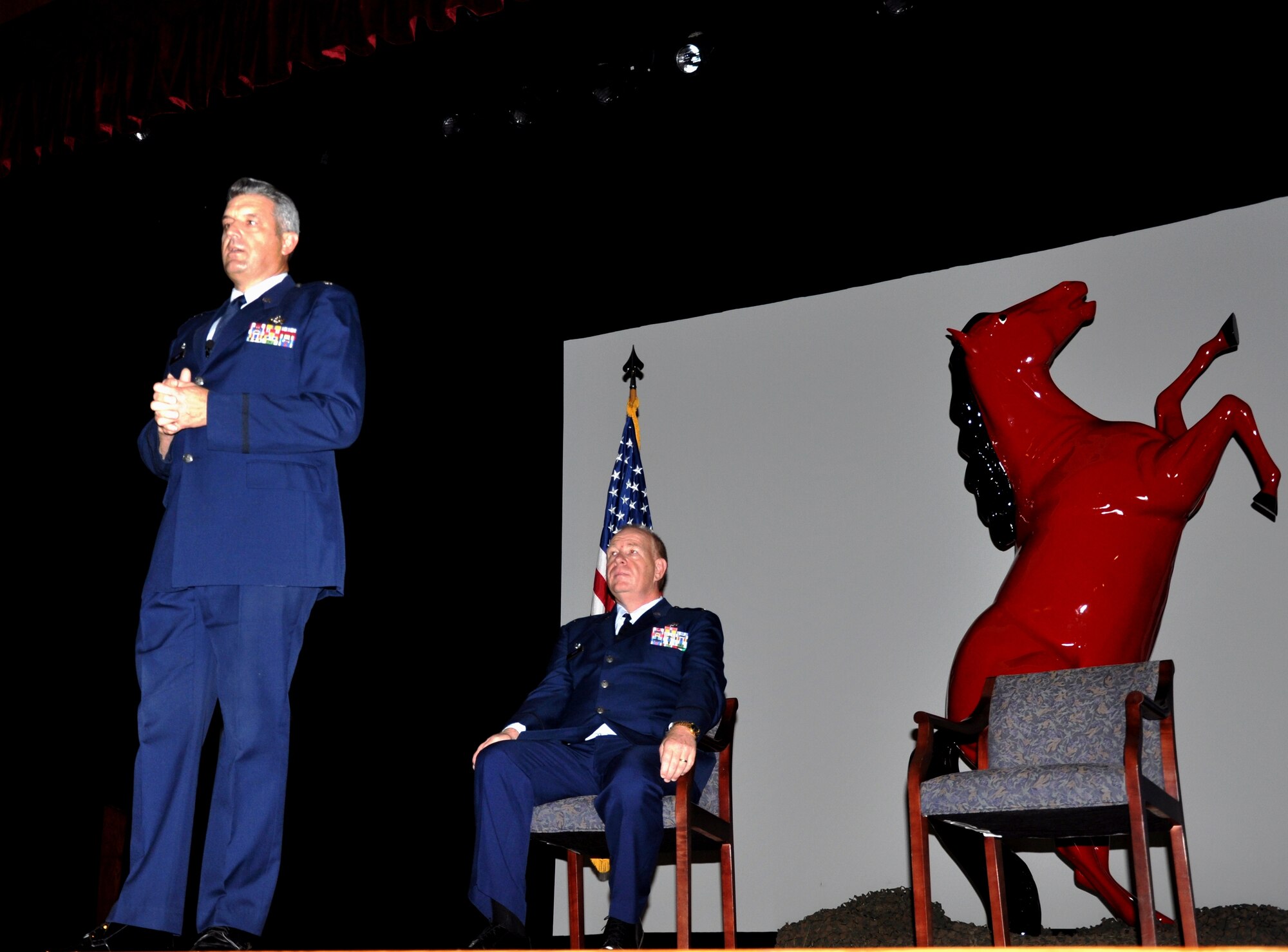 Lt. Col. Joseph Swaim assumed command of the 560th Red Horse Squadron here during a ceremony held at the Joint Base Charleston theater, Saturday.  The ceremony was presided over by Col. Franklin Myers, 622nd Civil Engineering Group, Commander.  Rapid Engineer Deployable Heavy Operational Repair Squadron Engineers (RED HORSE) units are the United States Air Force's equivalent of the U.S. Navy Seabees and these specialized units provide the U.S. Air Force with a highly mobile civil engineering response force to support contingency and special operations worldwide. (U.S. Air Force Photo by 1st Lt. Jeff Kelly)