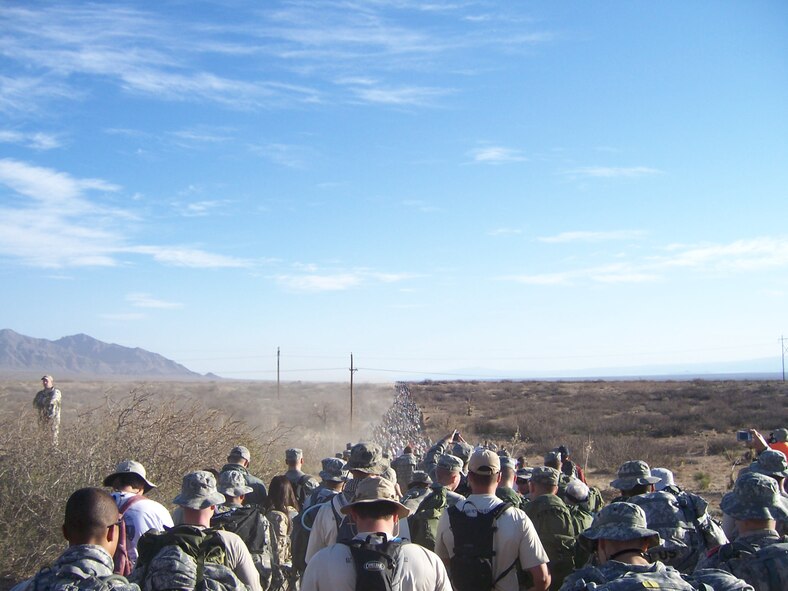 Thousands of participants crowd a road during the Bataan Memorial Death March at the White Sands Missile Range in New Mexico March 25, 2012. (U.S. Air Force photo/Master Sgt. Cristine Kenner)