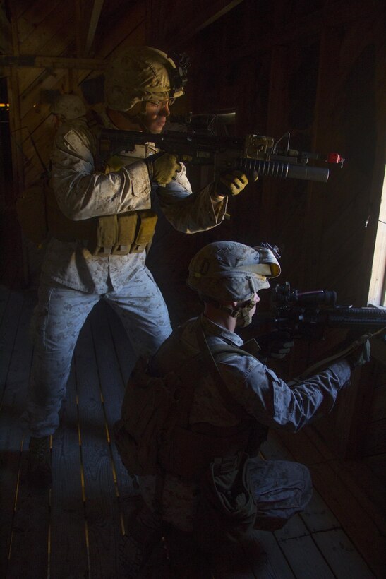 Marines of Company K, Battalion Landing Team (BLT) 3/2, currently reinforcing the 26th Marine Expeditionary Unit (MEU), provide security during the mechanized raid course at Camp Lejeune, N.C., Oct. 10, 2012. BLT 3/2 is one of the three reinforcements of 26th MEU, which is slated to deploy in 2013.