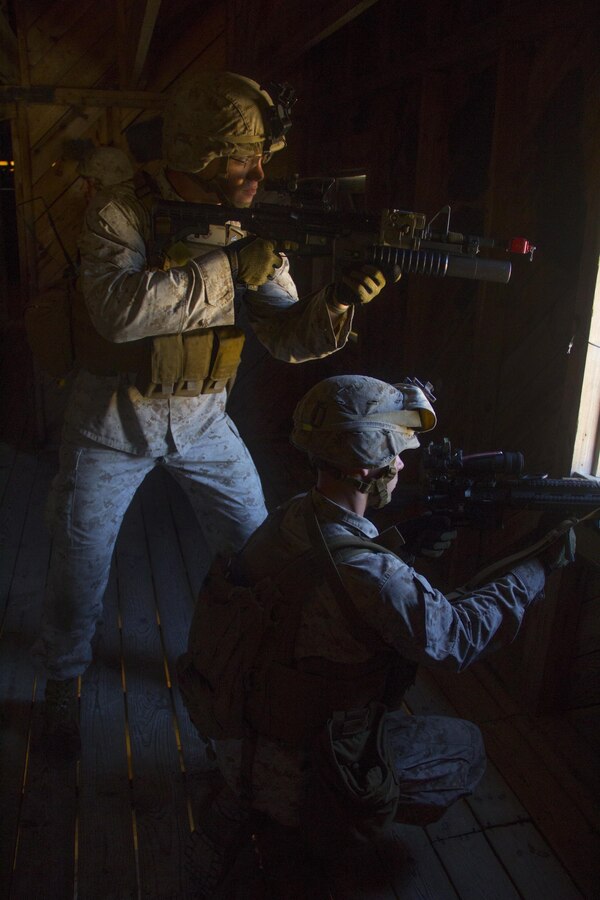 Marines of Company K, Battalion Landing Team (BLT) 3/2, currently reinforcing the 26th Marine Expeditionary Unit (MEU), provide security during the mechanized raid course at Camp Lejeune, N.C., Oct. 10, 2012. BLT 3/2 is one of the three reinforcements of 26th MEU, which is slated to deploy in 2013.