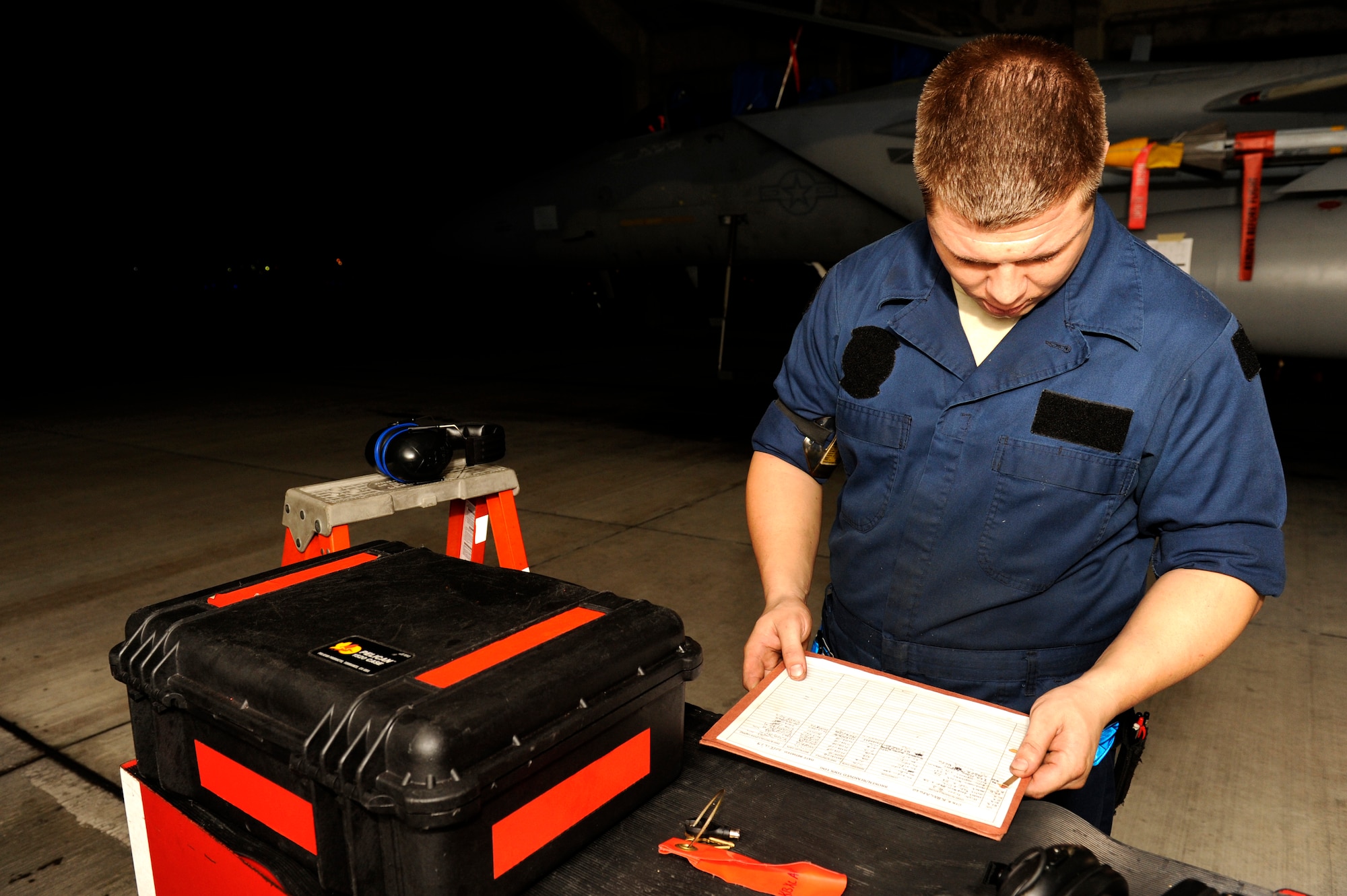 U.S. Air Force Senior Airman Tyler Adams, 44th Aircraft Maintenance Unit crew chief, inspects the tool inventory during Exercise Beverly Bearcat 12-1, an operational readiness inspection on Kadena Air Base, Japan, Oct. 22, 2012. By checking proper inventory, Adams ensures that he and his fellow maintainers are properly equipped for local and deployed maintenance on their aircraft. (U.S. Air Force photo/Senior Airman Maeson L. Elleman)
