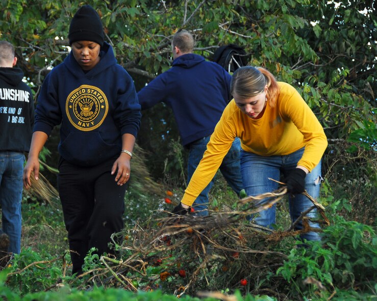 Structural Mechanic 3rd Class Shada McBurnie, left, originally from New York, and Information Systems Technician 3rd Class Krystal Harlow a native of Granite Falls, Wash., pull weeds from a farm field during a community relations project in Minamisanrikucho, Japan, Oct. 19, 2012. McBurnie and Harlow are assigned to Patrol Squadron 8 and Naval Air Facility Misawa who volunteered for an overnight community relations project to help with the cleanup of the area affected by the 2011 tsunami that struck the northern Japan region. (U.S. Navy photo by Mass Communication Specialist 2nd Class Pedro A. Rodriguez)