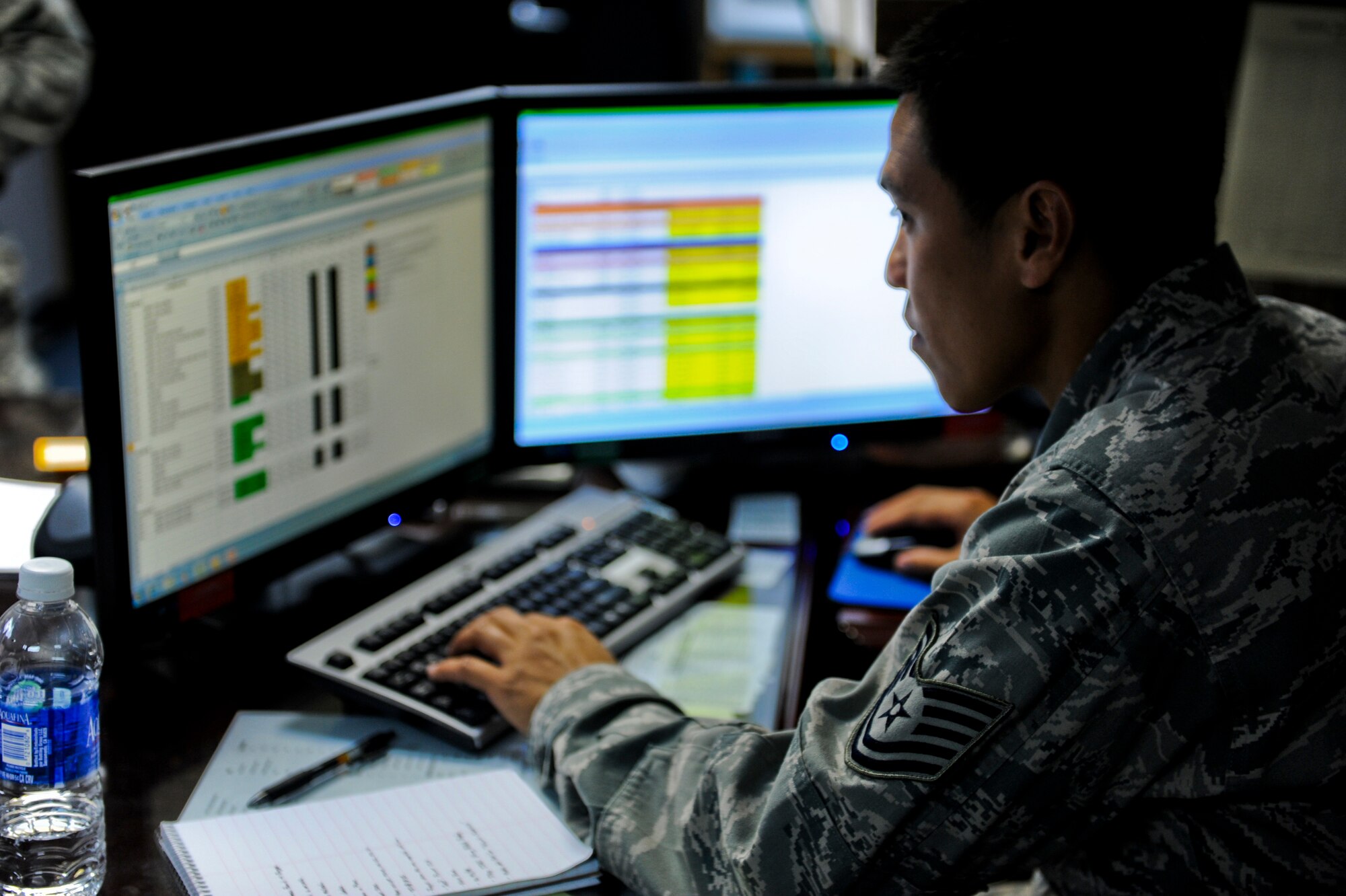 U.S. Air Force Tech. Sgt. Allan Reeves, 18th Munitions Squadron senior munitions controller, updates the equipment tracker during Exercise Beverly Bearcat 12-1, a readiness inspection, on Kadena Air Base, Japan, Oct. 22, 2012. Controllers are the "nerve center" of the munitions storage area, which makes them a necessary asset to the U.S. armed forces' strategic game plan in the region. (U.S. Air Force photo/Airman 1st Class Justin Veazie)