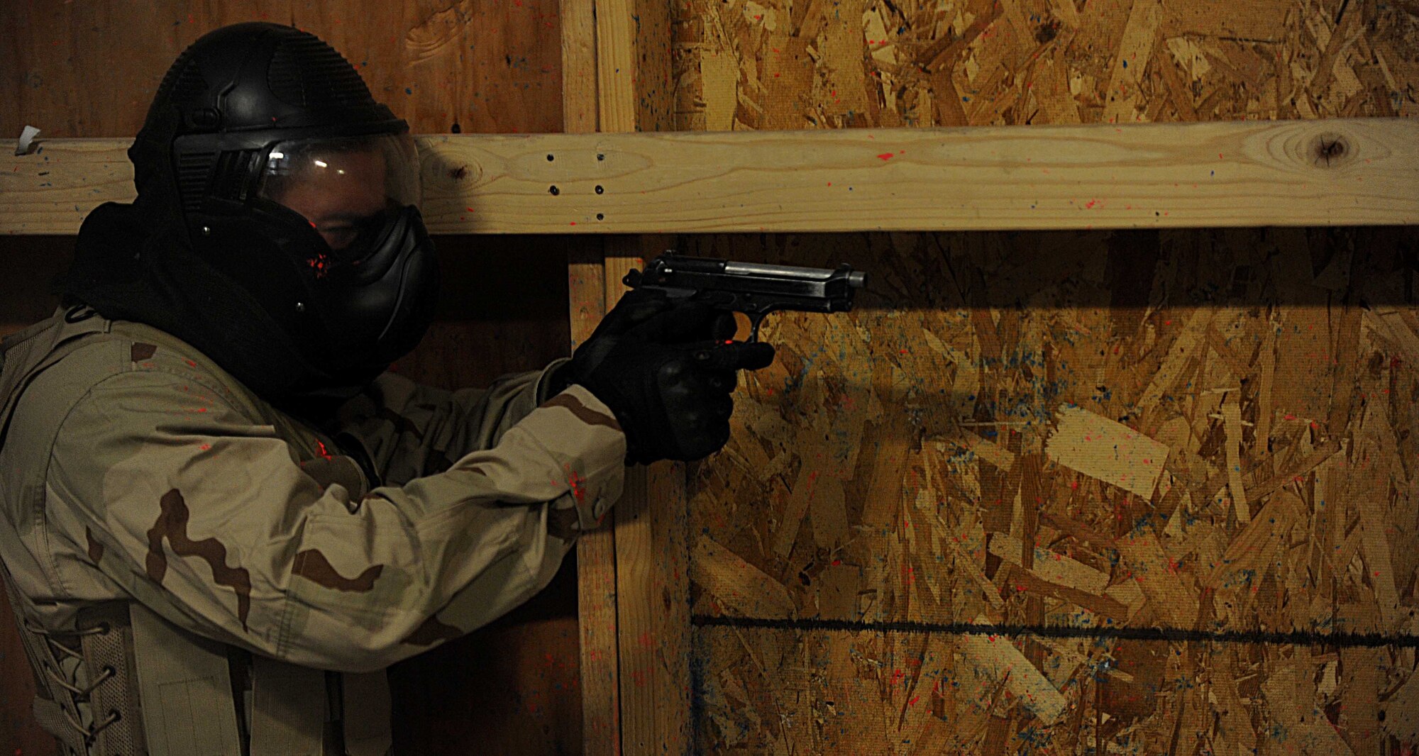 A security forces Airman from F.E. Warren Air Force Base, Wyo., poses as an opposing force during a training exercise at Camp Guernsey, Wyo., Oct. 18, 2012. The objective of this training was to instruct airmen how to properly clear multiple rooms of hostile forces, using close-quarters-combat techniques. (U.S. Air Force photo by Senior Airman Jarad A. Denton/Released)
