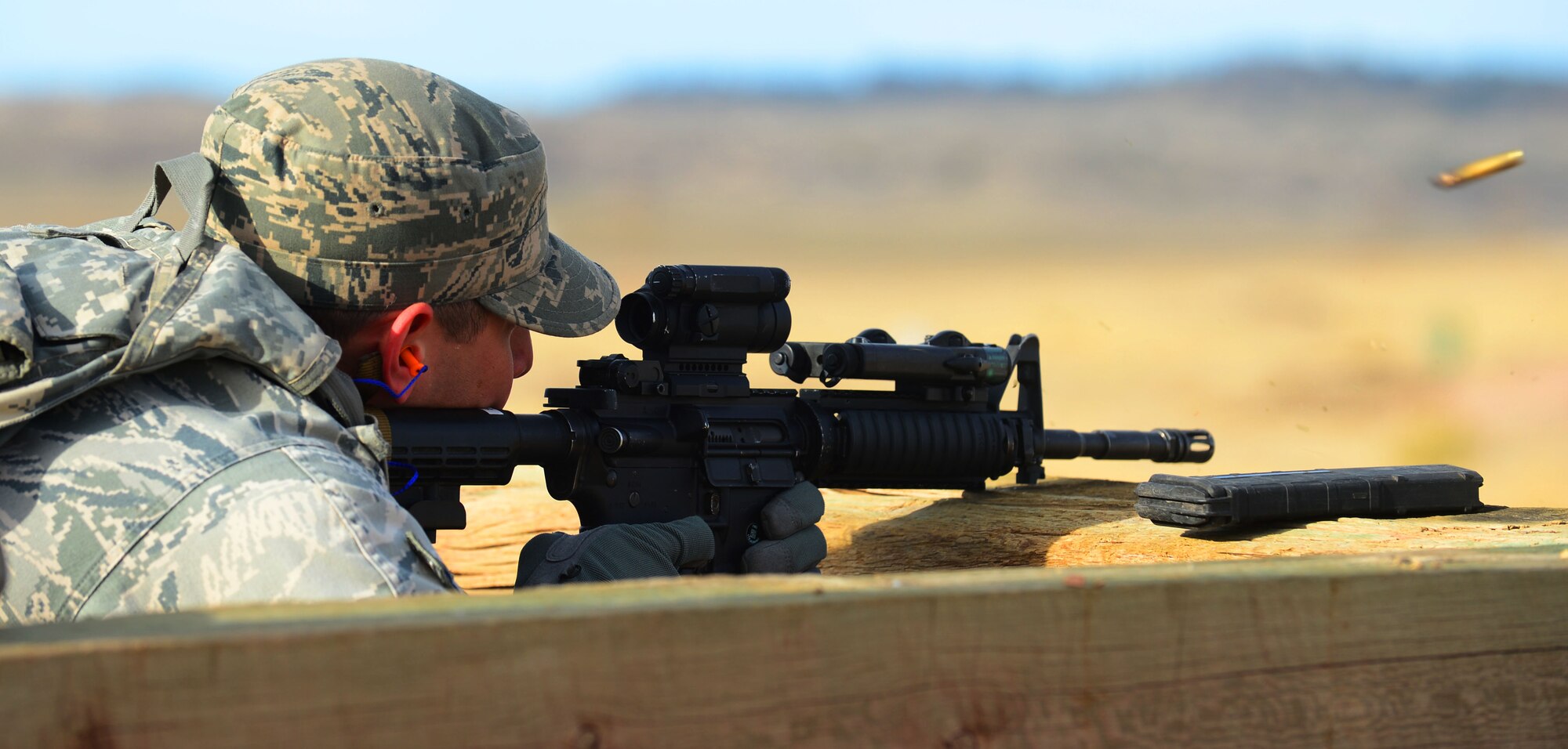 U.S. Air Force Airman 1st Class Exlyaxcel Interian, 790th Missile Security Forces Squadron response force member, participates in the second day of a 10-day, nuclear-convoy training exercise at Camp Guernsey, Wyo., Oct. 16, 2012. F.E. Warren Air Force Base, Wyo., Security Forces members train on different weapons systems to familiarize themselves in the case of any dangerous scenarios they may encounter. (U.S. Air Force photo by Airman 1st Class Kayla Newman/Released)