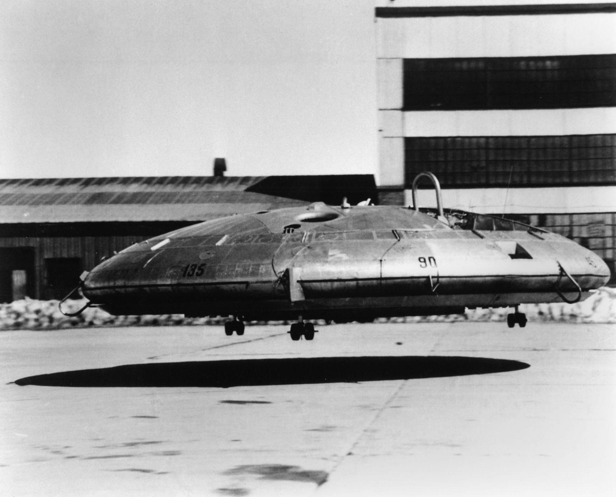 Before it’s free-flight tests, the Avro Canada VZ-9AV Avrocar was flown with tethers for safety reasons, at the National Aeronautics and Space Administration’s Ames Research Center at Moffett Field, Calif.  Wind-tunnel tests proved the aircraft had insufficient control for high speed flight and was aerodynamically unstable.  (U.S. Air Force photo)