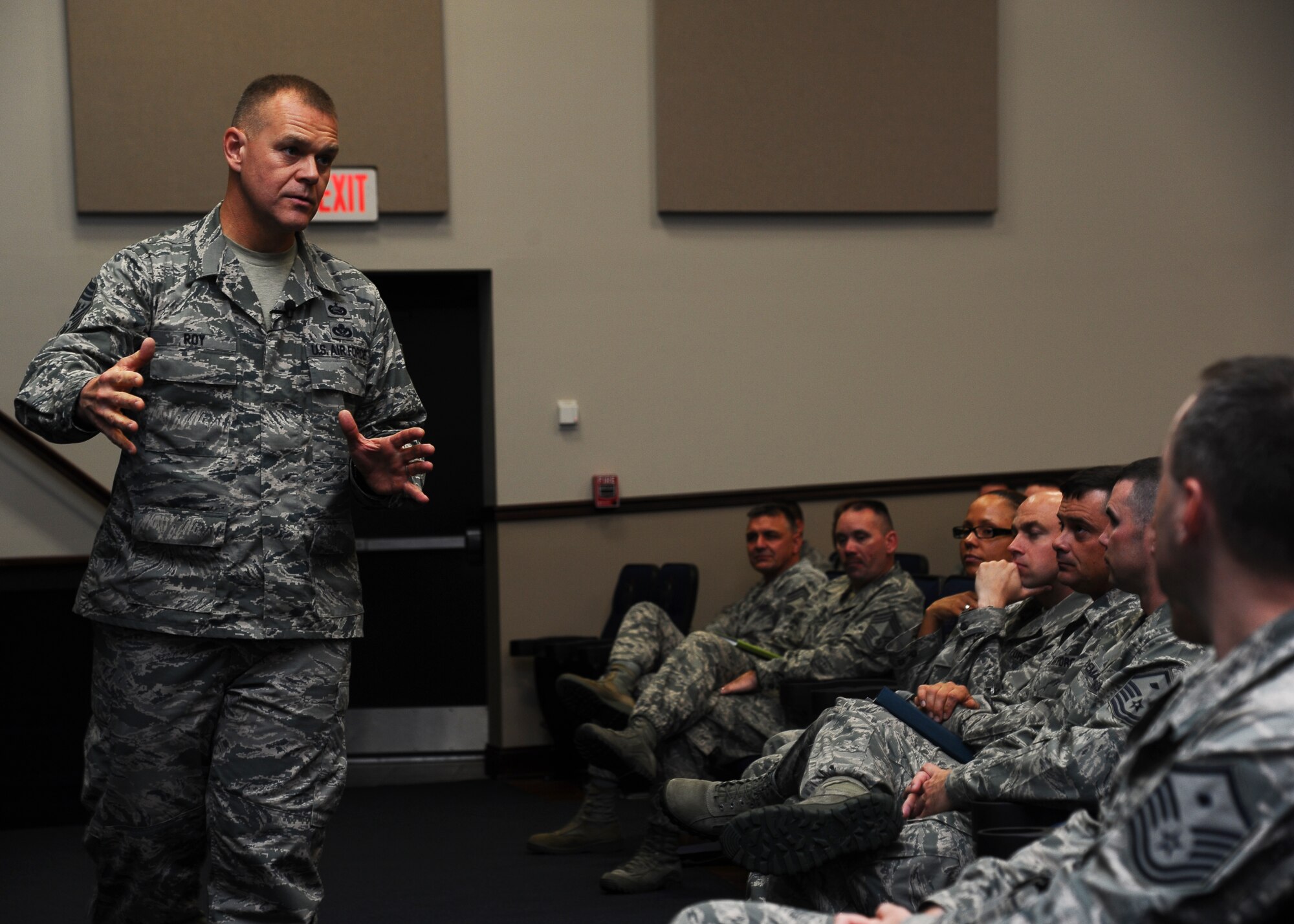 Chief Master Sgt. of the Air Force James Roy speaks to members of the 14th Flying Training Wing during an enlisted call on Oct. 17, 2012 at Columbus Air Force Base, Miss. Roy shared his senior leader perspective and his thoughts on his assignment to the 14th Flying Training Wing as command chief master sergeant from Sept. 2000 to Sept. 2002. (U.S. Air Force photo/Senior Airman Chase Hedrick)