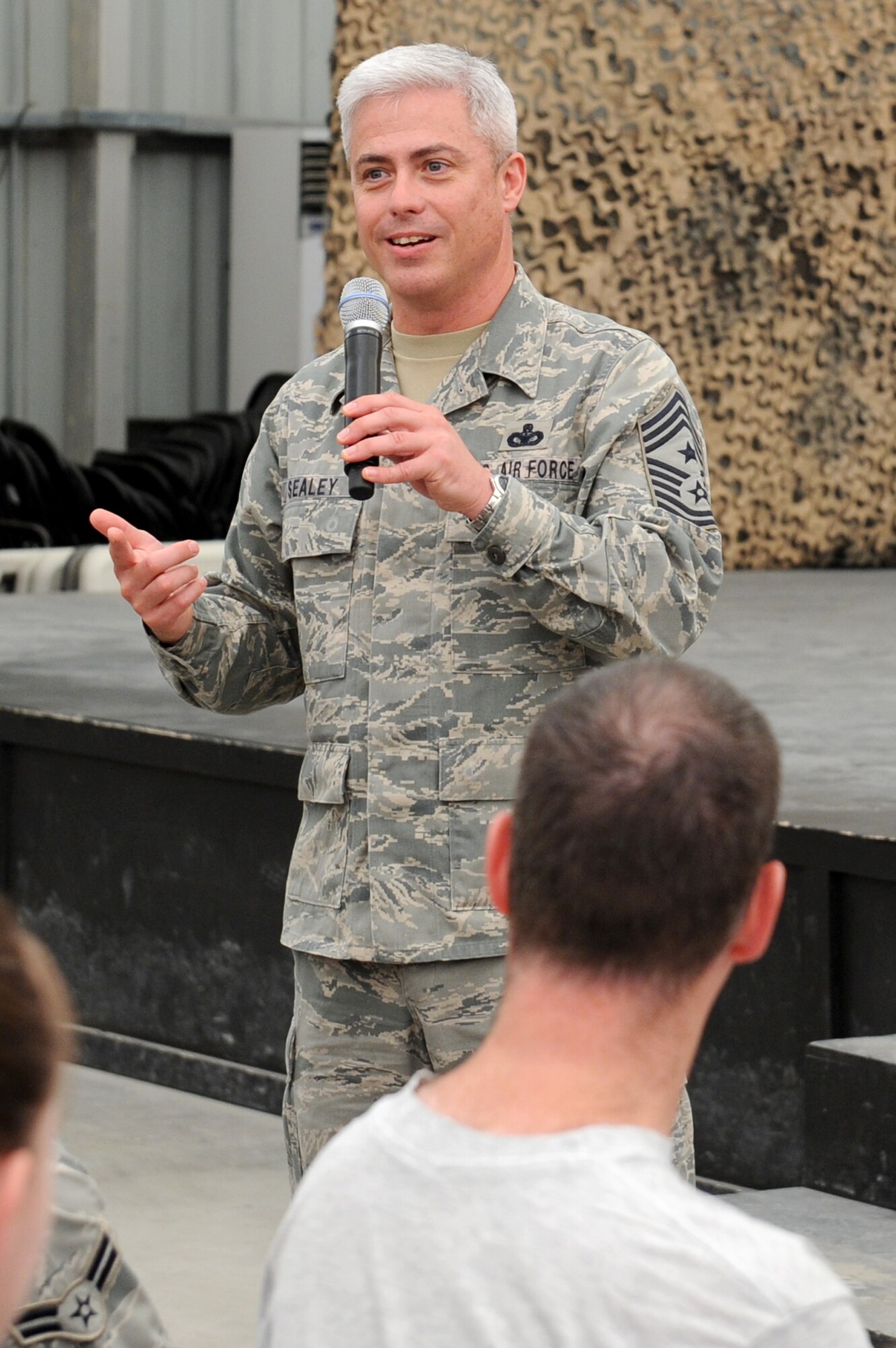 SOUTHWEST ASIA -  U.S. Air Force Chief Master Sgt. Robert Sealey, U.S. Air Forces Central Command command chief, speaks to members of the 380th Air Expeditionary Wing Oct. 17, 2012. Sealey visited with 380th AEW Airmen to reinforce a force protection mindset and continued excellence in all areas. (U.S. Air Force photo/Master Sgt. Scott MacKay)