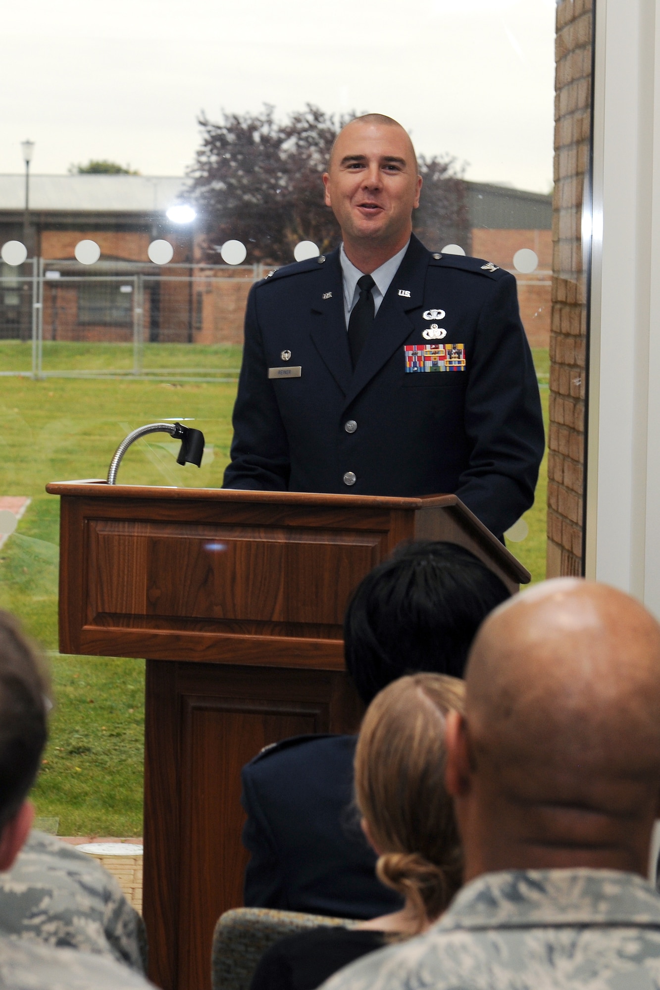 RAF ALCONBURY, United Kingdom – Col. Michael Reiner, 423rd ABG commander, gives his opening speech during the RAF Alconbury ribbon cutting ceremony Oct. 19. Reiner talked about the importance of relocating the RAF Upwood Clinic to RAF Alconbury and how it would increase the access for everyone stationed at RAF Alconbury and RAF Molesworth. (U.S. Air Force photo by Staff Sgt. Brian Stives)