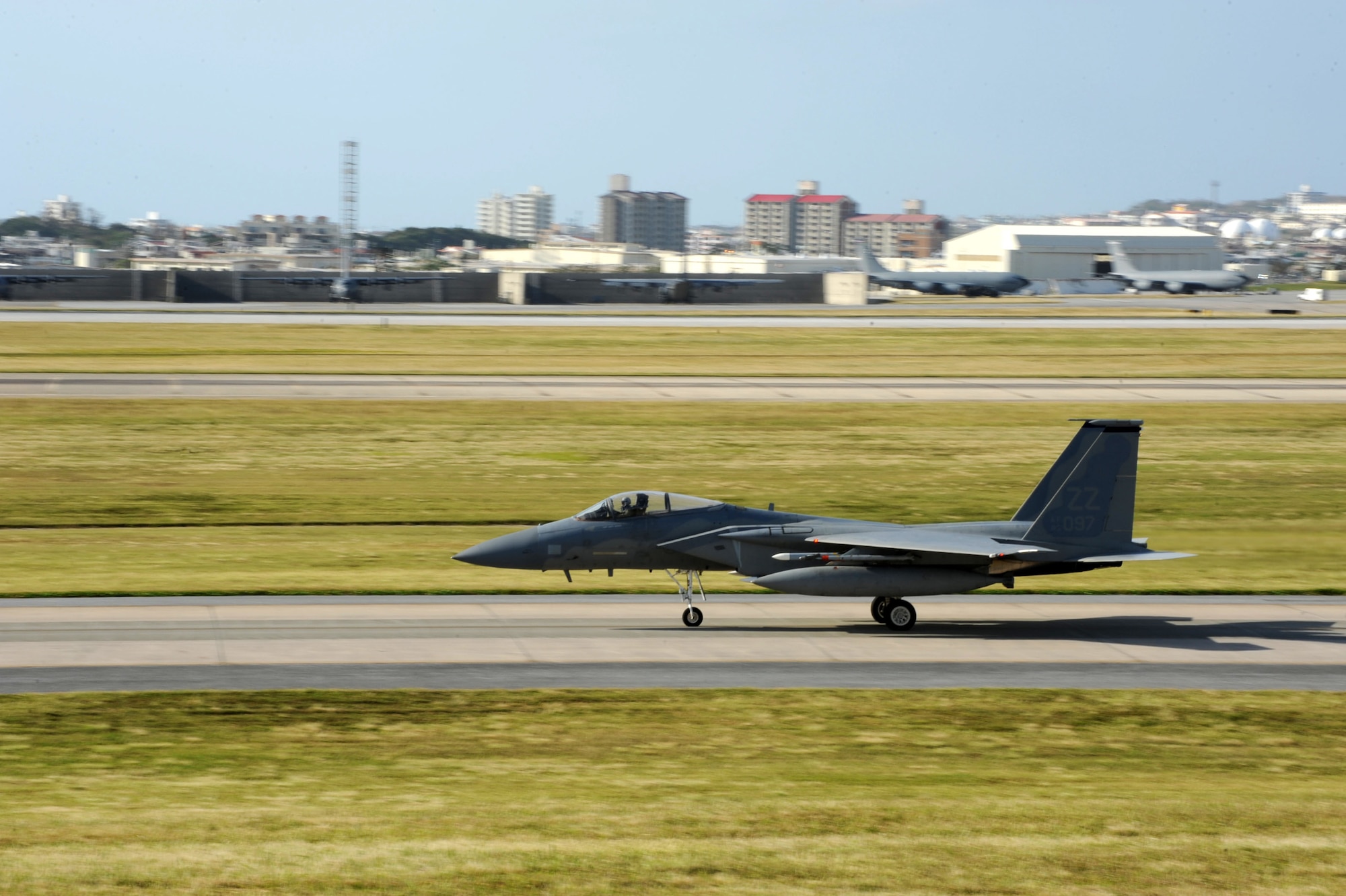 A U.S. Air Force F-15 Eagle fighter jet taxies and prepares to take off during the first day of a Pacific Air Forces readiness inspection on Kadena Air Base, Japan, Oct. 22, 2012. The inspection tests how prepared Kadena Airmen are to handle real-world contingencies. (U.S. Air Force photo/Airman 1st Class Brooke P. Beers)