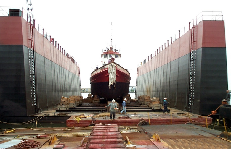 Fireboat in a dry dock at Caddell Dry Dock & Repair Co., Inc.