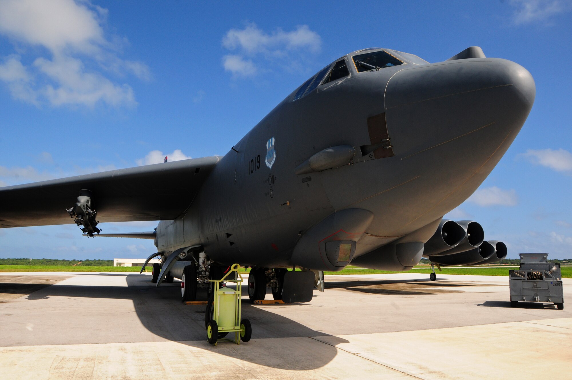 ANDERSEN AIR FORCE BASE, Guam - A B-52 Stratofortress from the 96th Expeditionary Bomb Squadron sits as a static display for a community relations tour on the flightline here, Oct. 12. With 12 aircraft and over 80 aviators strong, the 96th EBS supports the U.S. Pacific Command’s Continuous Bomber Presence and provides persistent airpower to large, multinational military exercises in the Asia-Pacific region. (U.S. Air Force photo by Airman 1st Class Marianique Santos/Released)