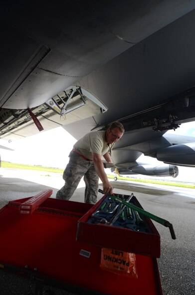 ANDERSEN AIR FORCE BASE, Guam—Staff Sgt. Alex Wheeler, 36th Expeditionary Aircraft Maintenance Squadron weapons load team lead, deployed from the 96th Expeditionary Aircraft Maintenance Unit, Barksdale Air Force Base, La., places tools back inside a toolbox after a B-52 Stratofortress load demonstration here, Oct. 17.  The aircraft was loaded with several training CALCMs to show the capabilities of the 96th EAMU load team. (U.S. Air Force photo by Senior Airman Benjamin Wiseman/Released)