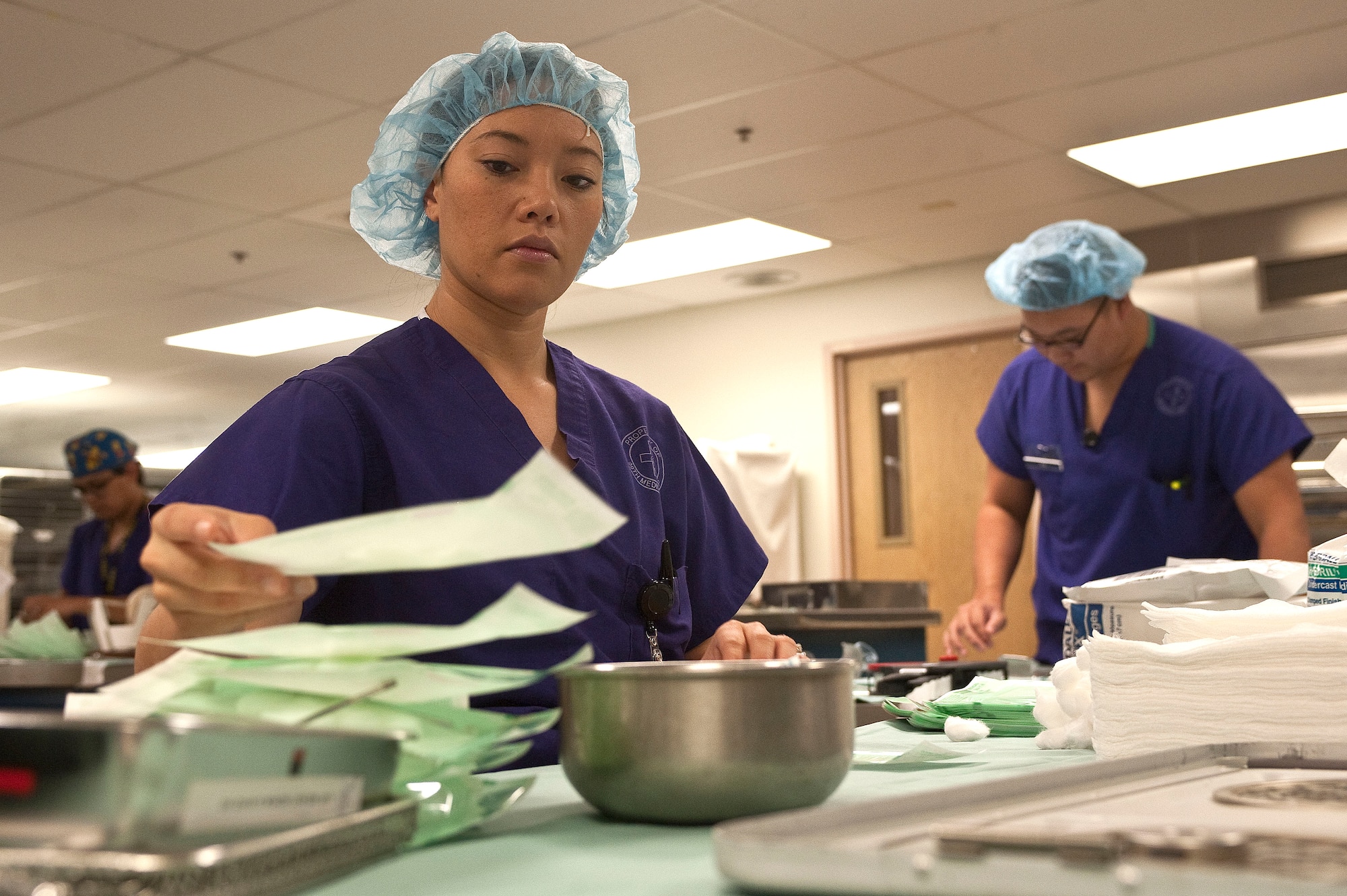 Staff Sgt. Laura Hunt, 99th Surgical Operations Squadron surgical technician, restocks surgical supplies at the Mike O' Callaghan Federal Medical Center Oct. 22, 2012, at Nellis Air Force Base, Nev. Surgical technicians process surgical instruments through a decontamination process prior to assembling and restocking. (U.S. Air Force photo by Staff Sgt. Christopher Hubenthal)