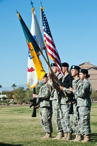 Soldiers from the 63rd Brigade Support Battalion post the colors during an activation ceremony for the 63rd BSB Oct. 21, 2012, at Nellis Air Force Base, Nev. The Battalion provides Command and Control for all organic and attached units of the BSB while protecting the force and meeting the Maneuver Enhancement Brigade Commander’s objectives.(U.S. Air Force photo by Airman 1st Class Jason Couillard)