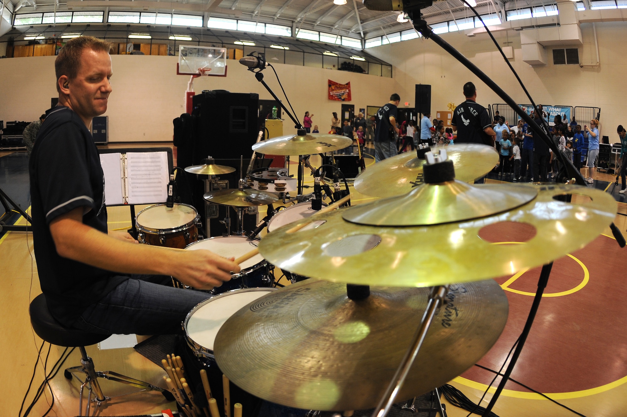 U.S. Air Force Tech. Sgt. Bennett Weidemann, Blue Aces drummer, performs during a concert at the youth center on Seymour Johnson Air Force Base, N.C., Oct. 17, 2012. The band, stationed at Joint Base Langley-Eustis, Va., plays numerous concerts throughout the year for military members and their families to boost morale. (U.S. Air Force photo/Airman 1st Class John Nieves Camacho/Released)