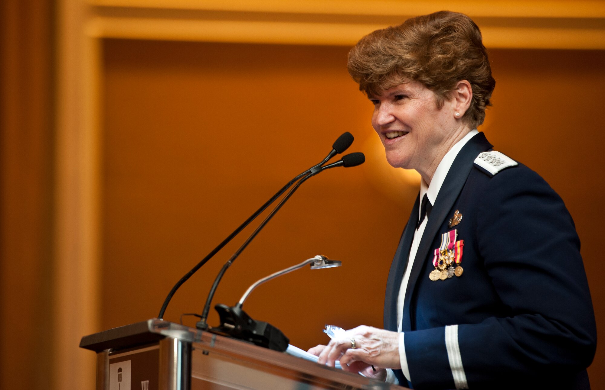 Gen. Janet C. Wolfenbarger gives the keynote address at the 15th anniversary celebration of the Women in Military Service for America Memorial in Washington, D.C., Oct. 19, 2012. Wolfenbarger is the commander of Air Force Material Command and she is the first four-star general in the Air Force. (U.S. Air Force photo/Senior Airman Andrew Lee)