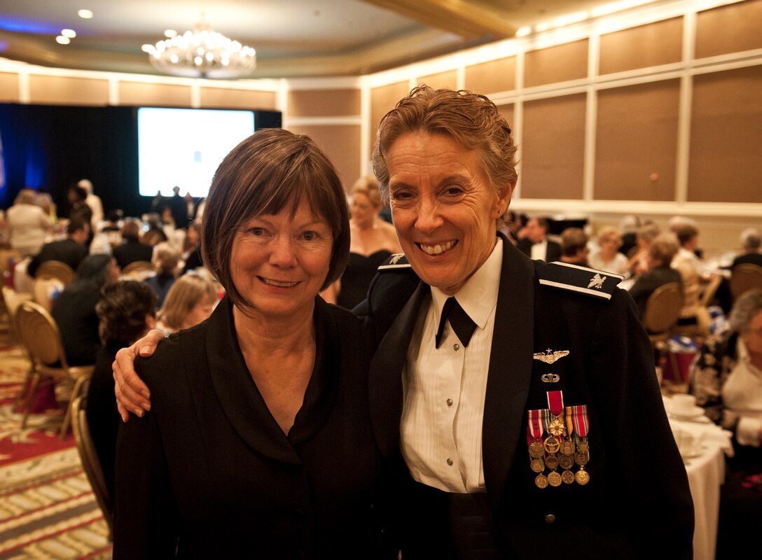 Retired Colonels Kelly Hamilton and Katherine Bacon both attended the 15th anniversary celebration of Women in Military Service for America Memorial in Washington, D.C., Oct. 19, 2012. Hamilton was the pilot and Bacon was the navigator for the Air Force's first all-women flight in 1982. Hamilton and Bacon saw each other for the first time since 1985. (U.S. Air Force photo/Senior Airman Andrew Lee)