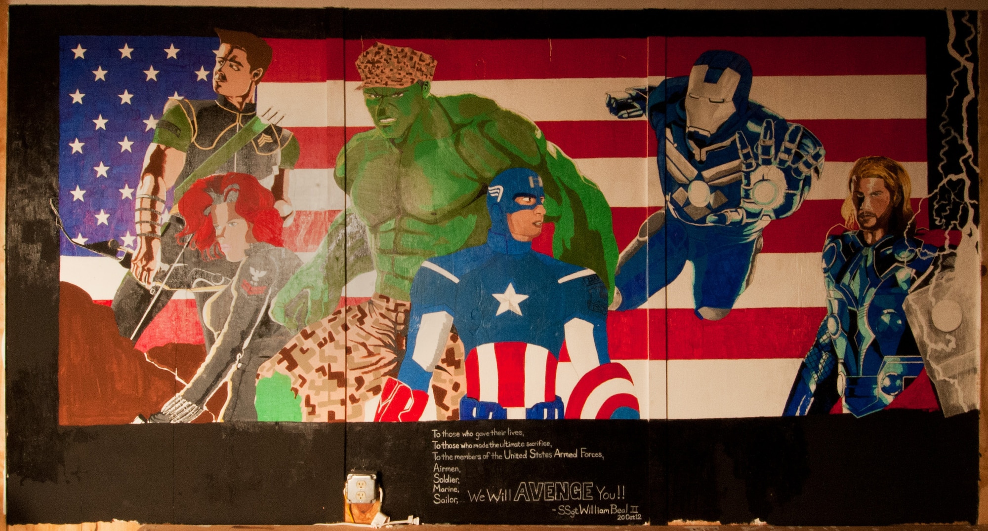 An “Avengers”-themed mural, painted by Staff Sgt. William Beal, adorns the wall of the “Airman’s Attic” at Bagram Airfield, Afghanistan, Oct. 23, 2012. Beal, assigned to 455th Expeditionary Logistics Readiness Squadron, volunteered his time and artistic talent to add this special detail to the “attic.” (U.S. Air Force Photo/SSgt Jeff Nevison)