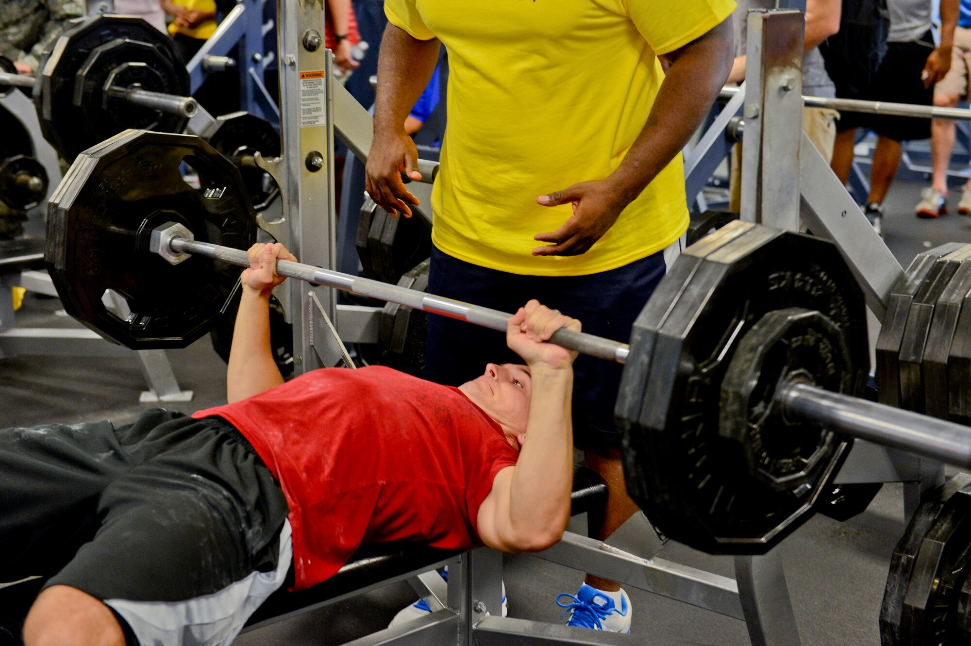 David Mancha, 23d Force Support Squadron, pushes 275lbs during the bench press competition for Super Sports Day at Moody Air Force Base, Ga., Oct. 19, 2012. The winner was determined by the amount of weight lifted compared to the weight of the competitor. (U.S. Air Force photo by Staff Sgt. Joshua J. Garcia/Released)