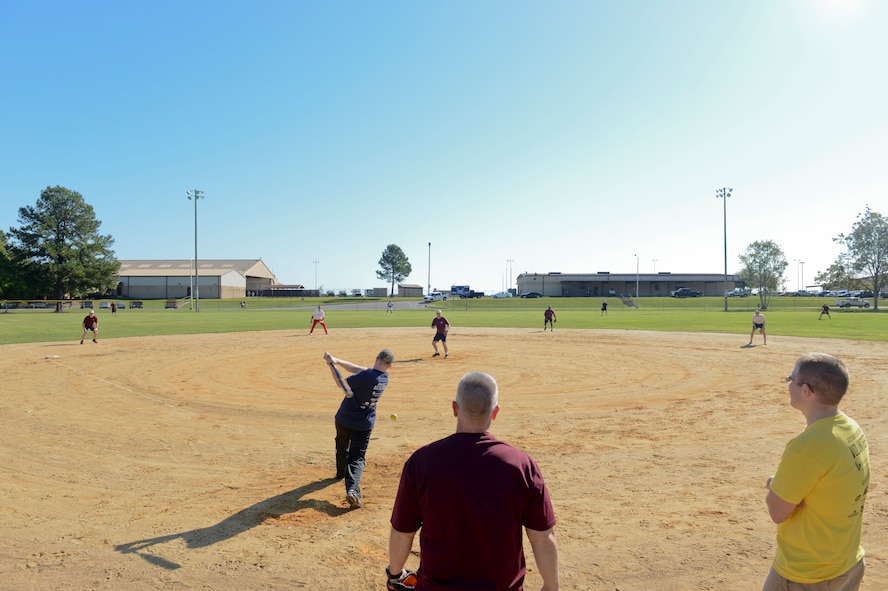 Russell Ward, 822d Base Defense Squadron hits a ground ball during the Airmen Committed to Excellence vs. Chiefs softball game, during Support Sports day on Moody Air Force Base, Ga., Oct. 19, 2012. Chiefs went on to win the game with a final score of 10-5. (U.S. Air Force photo by Staff Sgt. Joshua J. Garcia/Released)