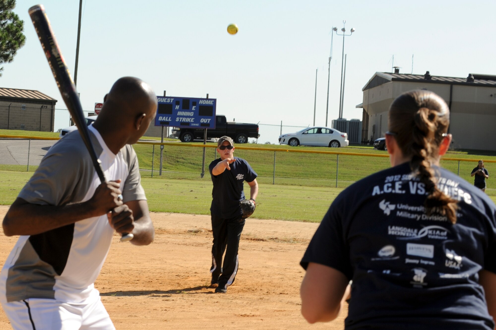 Russell Ward, 822d Base Defense Squadron, pitches to Antonio Baxter, Component Maintenance Squadron, during the Airmen Committed to Excellence vs. Chiefs game at Moody Air Force Base, Ga., Oct. 19, 2012 for Super Sports Day. The Chiefs won the game 10-5. Super Sports Day allowed Moody Airmen to participate in various sporting events throughout the day. (U.S. Air Force photo by Staff Sgt. Joshua J. Garcia/Released)