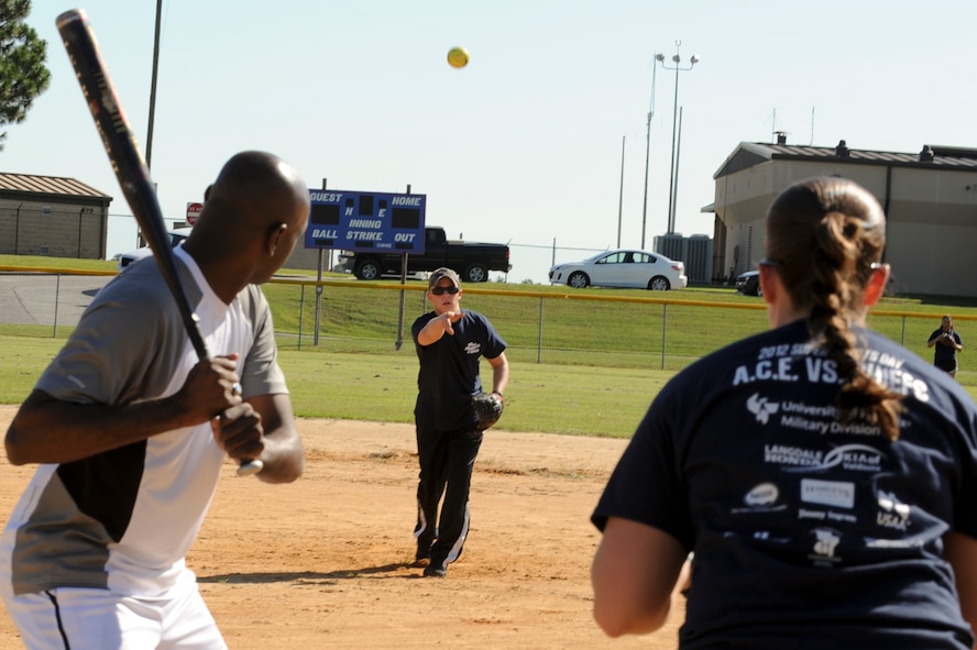 Russell Ward, 822d Base Defense Squadron, pitches to Antonio Baxter, Component Maintenance Squadron, during the Airmen Committed to Excellence vs. Chiefs game at Moody Air Force Base, Ga., Oct. 19, 2012 for Super Sports Day. The Chiefs won the game 10-5. Super Sports Day allowed Moody Airmen to participate in various sporting events throughout the day. (U.S. Air Force photo by Staff Sgt. Joshua J. Garcia/Released)