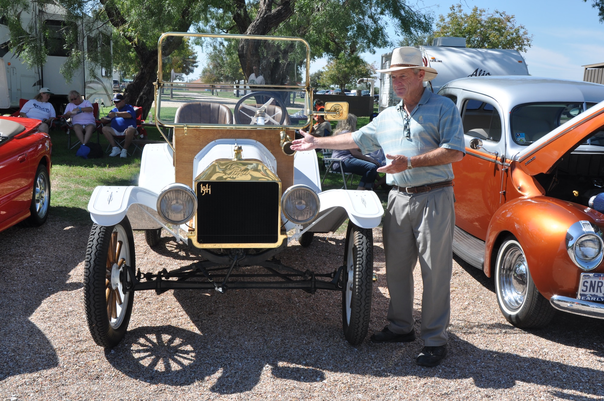 GOODFELLOW AIR FORCE BASE, Texas – Marshall Huling, Goodfellow Air Force Base Rec Camp Car Show contestant, presents his Ford Model T at the Goodfellow Rec Camp Oct. 20. Huling’s Model T was the oldest car at the event and is actually made of 30 to 40 different Model Ts. (U.S. Air Force photo/ Airman 1st Class Joshua Edwards)