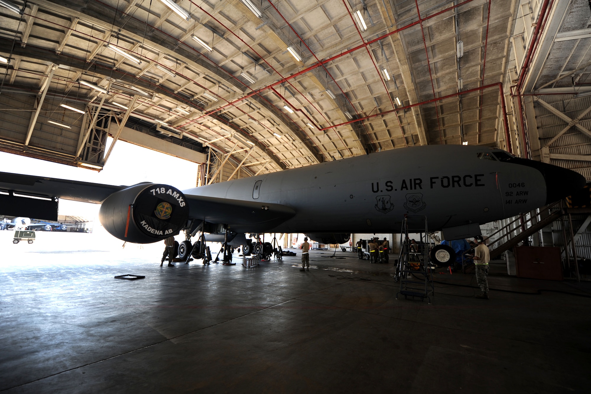 A U.S. Air Force KC-135 Stratotanker refueling aircraft is parked in a hanger for maintenance during Exercise Beverly Bearcat - a Pacific Air Forces readiness inspection on Kadena Air Base, Oct. 23, 2012. The 718th AMXS maintains the Air Force’s only air refueling, combat search and rescue, and air battle management assets in the Western Pacific region. (U.S. Air Force photo/Airman 1st Class Brooke P. Beers)
