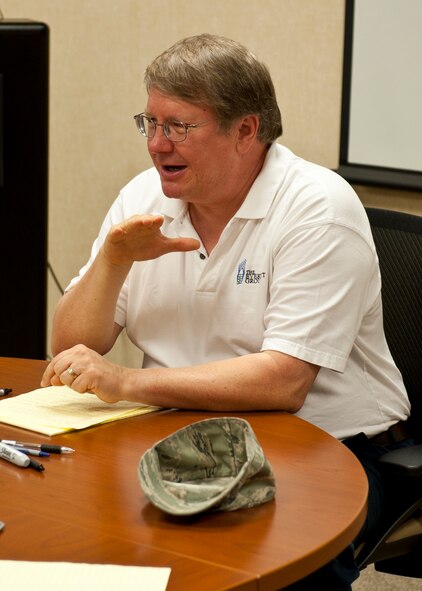 Dr. Steve Everett speaks during a focus group on Kunsan Air Base, Republic of Korea, Oct. 22, 2012. Everett was at Kunsan to speak with Airmen about social media and how it is used to gather and deliver information around the base and the Air Force as a whole. (U.S. Air Force photo/Staff Sgt. Jonathan Fowler)