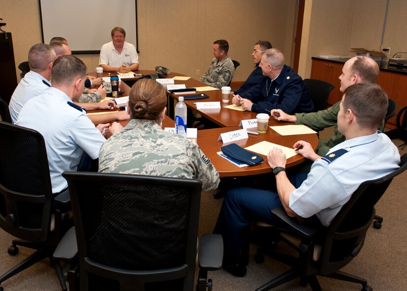 Dr. Steve Everett directs a focus group of senior enlisted and mid-level officers on Kunsan Air Base, Republic of Korea, Oct. 22, 2012. The group focused on social media and how it is used to dispense information to Airmen. (U.S. Air Force Photo/Staff Sgt. Jonathan Fowler)