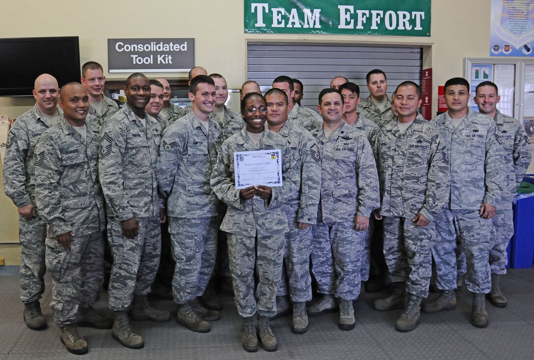 ANDERSEN AIR FORCE BASE, Guam-- Staff Sgt. Alexandria Jones, 734th Air Mobility Squadron aircraft electrical and environmental system specialist, was awarded Team Andersen’s Best here Oct.18. Team Andersen's Best is a recognition program which highlights a top performer from the 36th Wing. Each week, supervisors nominate a member of their team for outstanding performance and the wing commander presents the selected Airman/civilian with an award. To nominate your Airman/civilian for Team Andersen's Best, contact your unit chief or superintendent explaining their accomplishments. (U.S. Air Force photo by Airman 1st Class Mariah Haddenham/Released)