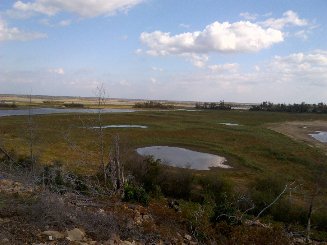 This view from Carl Albert Bridge shows the effects of the continuing drought at Hugo Lake. The shot was taken Oct. 18, 2012.