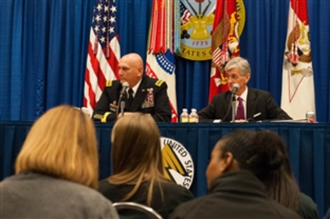 Army Chief of Staff Gen. Ray Odierno, left, and Army Secretary John McHugh answer questions from the media during the Association of the United States Army Convention in Washington, D.C., Oct. 22, 2012. 