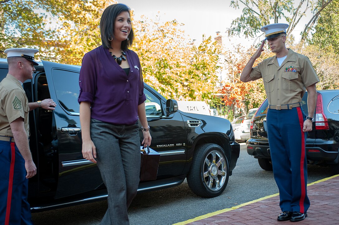 Laura Kaeppeler, 2012 Miss America, is greeted by Marines upon her arrival at Marine Barracks Washington Oct. 22. Kaeppeler spent time with Bonnie Amos, wife of Gen. James F. Amos, commandant of the Marine Corps, and greeted approximately 100 Marines of the Corps’ oldest post.