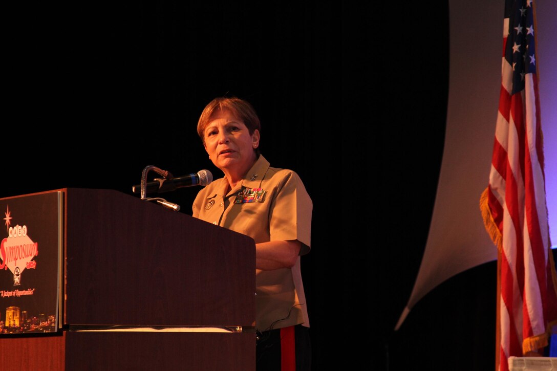 Major Gen. Angela Salinas, director, Manpower Management Division, addresses college students during the Scholars’ Luncheon at the 2012 MAES: Latinos in Science and Engineering Symposium at the Riviera Hotel & Casino, Oct. 13. Speaking to more than 1,000 students at the luncheon, Salinas emphasized the importance of education, reminding them to never take for granted the opportunities afforded to them. (US Marine Corps photo by Cpl. David Flynn) 