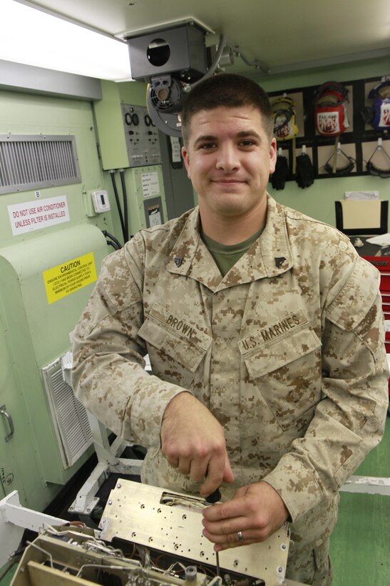 Cpl. Richard K. Brown, an electronic countermeasures technician with MALS-14, works on a weapons replaceable assembly at the MAG-14 NITE lab October 18, 2012. Finding the problem in a WRA, which contains more than 200 components, is what Brown says is the most difficult part of his job.


