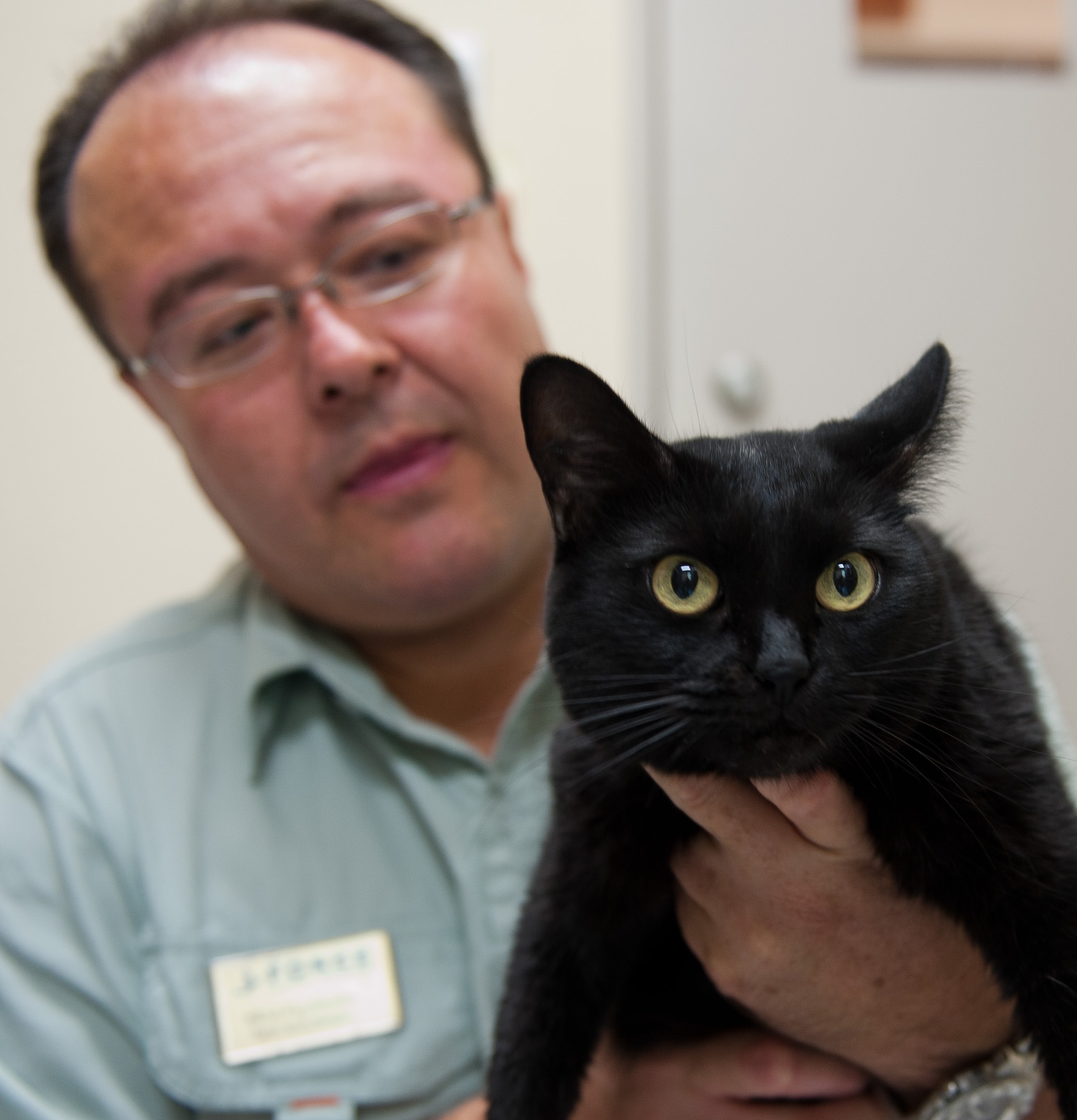YOKOTA AIR BASE, Japan -- Keiji Fujiwara, Yokota Pet Care Center manager, gives attention to a cat on Oct. 22, 2012, at Yokota Air Base, Japan. The center offers pet adoption, most of which are cats. (U.S. Air Force photo by Airman 1st Class John D. Partlow)
