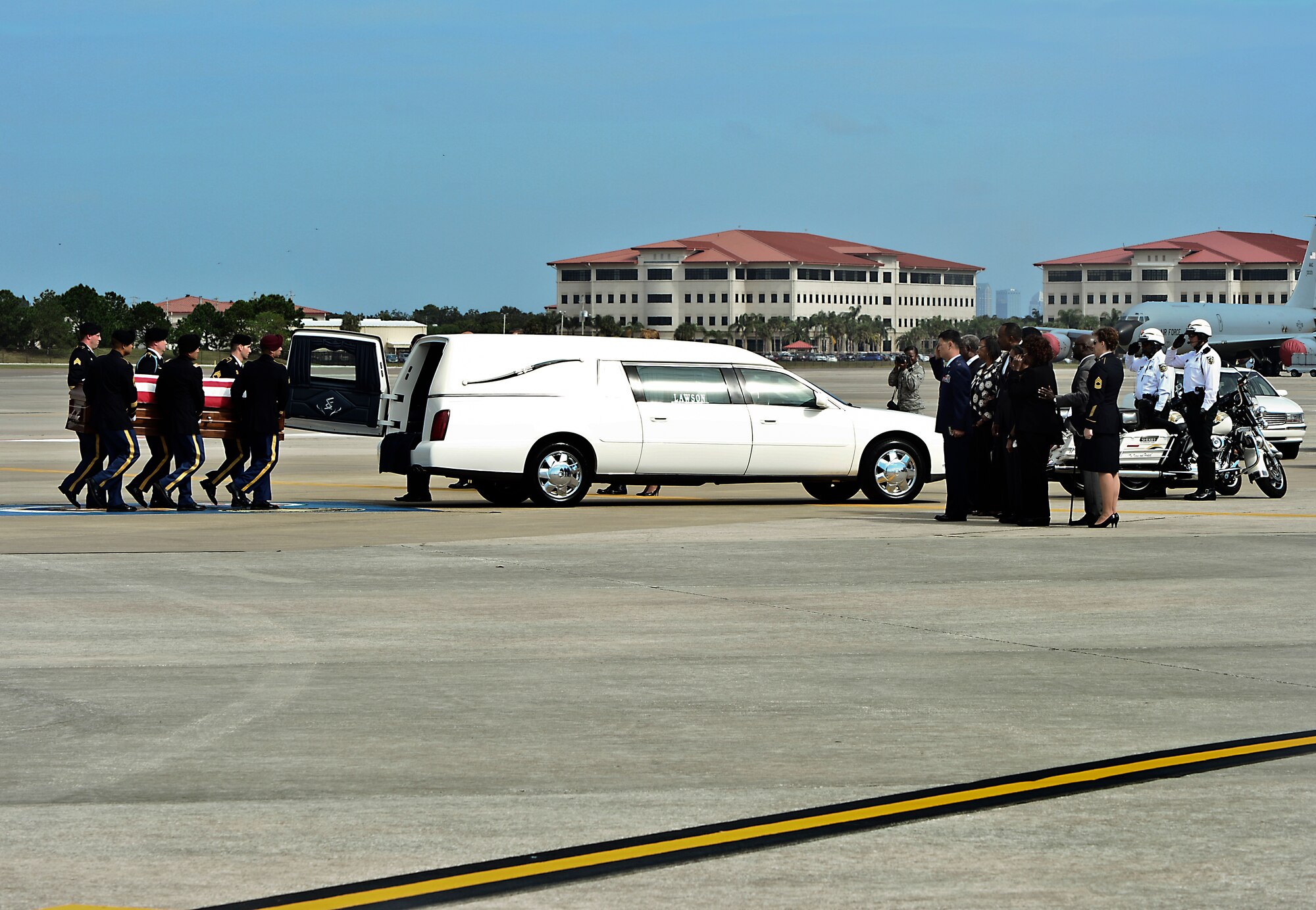 The remains of Spc. Brittany B. Gordon are carried by Army honor guardsmen to a hearse at MacDill Air Force Base Fla., Oct. 24, 2012. Gordon died from wounds suffered by an attack with an improvised explosive device on Oct. 13 in Kandahar, Afghanistan, she was assigned to Joint Base Lewis-McChord, Wash. (U.S. Air Force photo by Airman 1st Class Melanie Bulow-Kelly/Released)  
 

