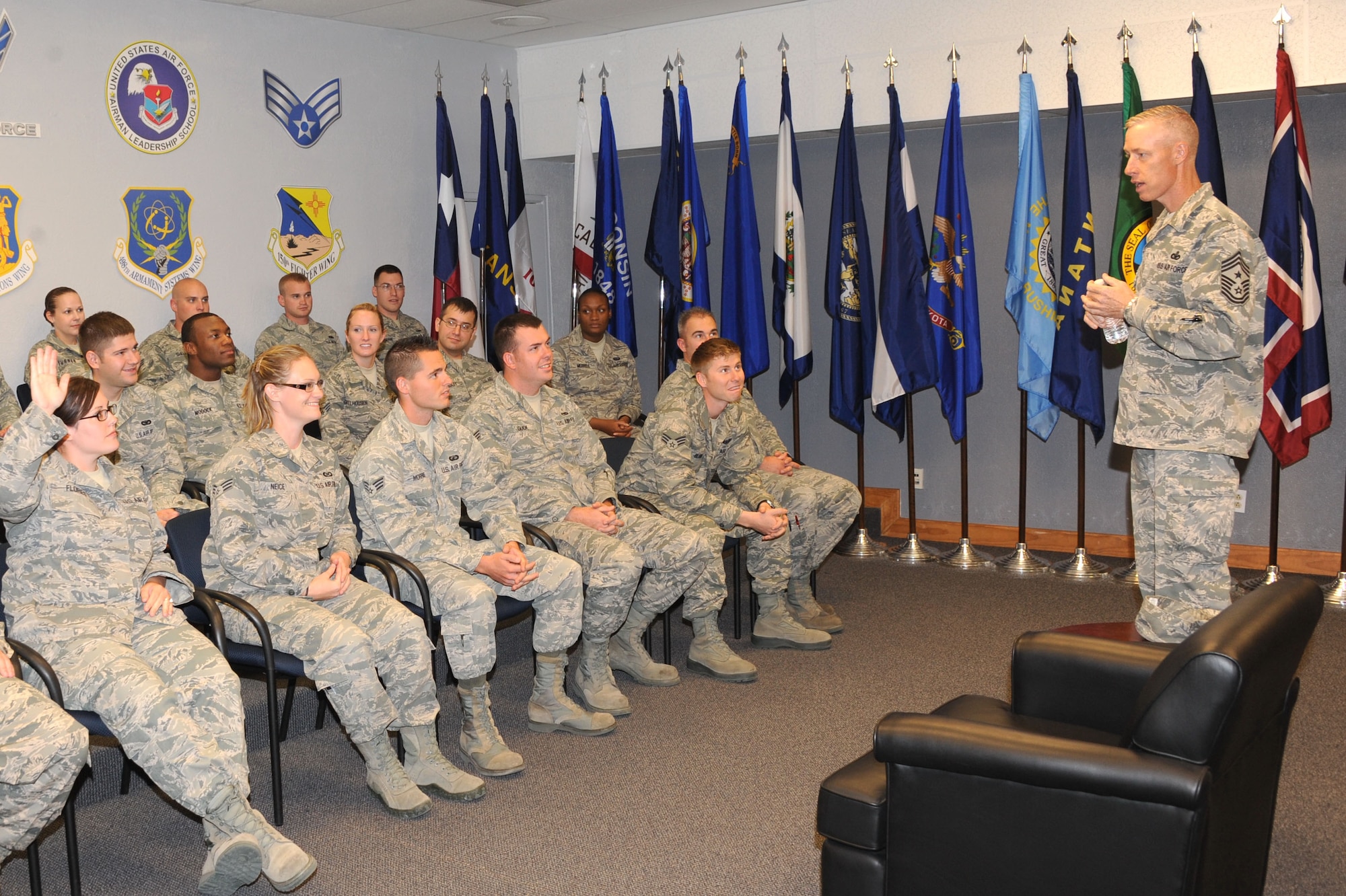 KIRTLAND AFB, N.M. -- Chief Master Sgt. Michael Warner, Air Force Materiel Command command chief, spoke with students Oct. 18 at the Kirtland Air Force Base Airman Leadership School. (Photo by Dennis Carlson)