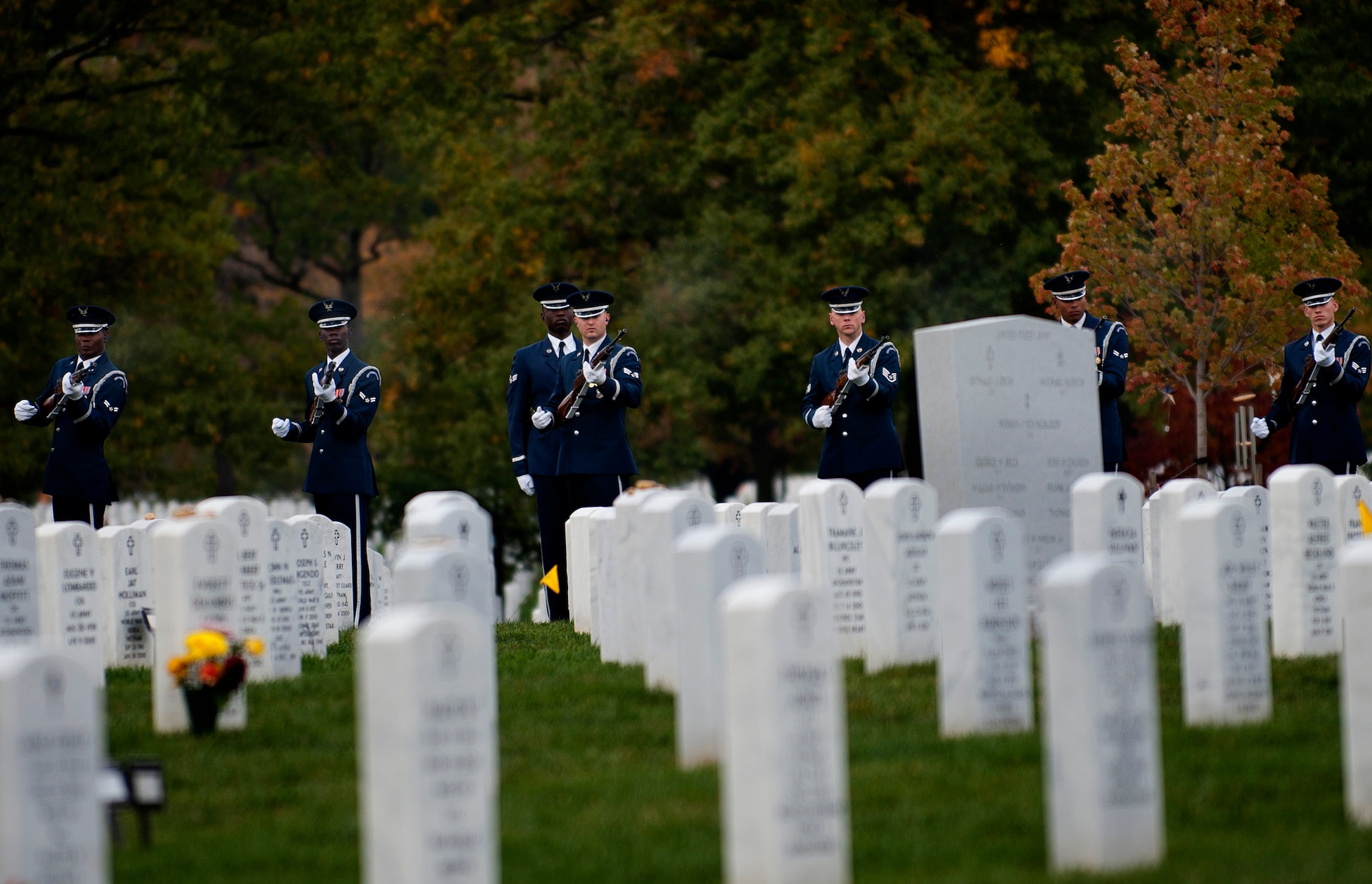 The U.S.Air Force Honor Guard firing team carries out the 21-gun salute to honor Col. Wendell Keller, of Fargo N.D. and Capt.Virgil K. Meroney, of Fayetteville, Ark., during their funeral at the Arlington National Cemetery Oct. 20, 2012. March 1, 1969, Keller and Meroney were the crew of an F-4D Phantom II aircraft that went down while carrying out a night time strike mission in Khammouan Province, Laos. Nearby aircrews reported seeing the aircraft hit by enemy fire. No parachutes were seen after the aircraft was hit. Heavy enemy presence in the area prevented recovery efforts. Between 1994 to 2011, the  (U.S. Air Force photo/Master Sgt. Cecilio Ricardo)








