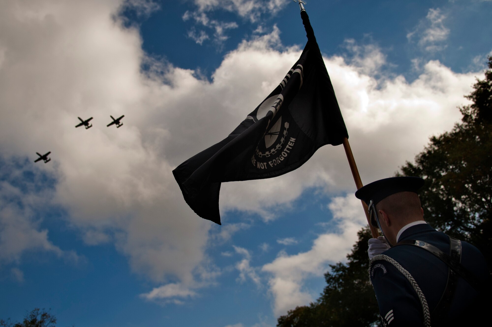 Three A-10 Thunderbolt II fly in the missing man formation during the funeral of  Col. Wendell Keller, of Fargo, N.D., and Capt.Virgil K. Meroney, of Fayetteville, Ark., at the Arlington National Cemetery Oct. 20, 2012. March 1, 1969, Keller and Meroney were the crew of an F-4D Phantom II aircraft that went down while carrying out a night time strike mission in Khammouan Province, Laos. Nearby aircrews reported seeing the aircraft hit by enemy fire. No parachutes were seen after the aircraft was hit. Heavy enemy presence in the area prevented recovery efforts. Between 1994 to 2011, the  (U.S. Air Force photo/Master Sgt. Cecilio Ricardo)






