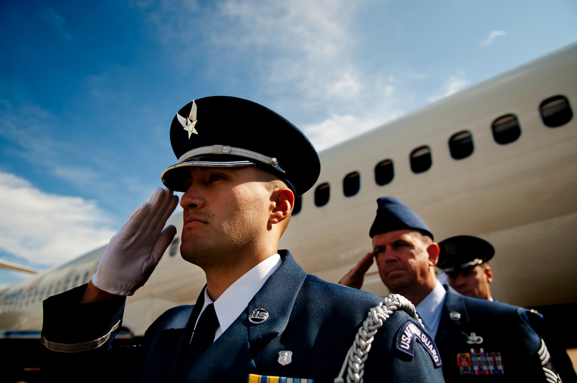 Chief Master Sgt. Sean Applegate, middle, and Col. John Devillier, right, salute while the remains Col. Wendell Keller, of Fargo, N.D., and Capt.Virgil K. Meroney, of Fayetteville, Ark., depart in a hearse from Ronald Reagan Washington National Airport Oct. 18, 2012. The U.S. Air Force Honor Guard and family members were present at the arrival. March 1, 1969, Keller and Meroney were the crew of an F-4D Phantom II aircraft that went down while carrying out a night time strike mission in Khammouan Province, Laos. Nearby aircrews reported seeing the aircraft hit by enemy fire. No parachutes were seen after the aircraft was hit. Heavy enemy presence in the area prevented recovery efforts. Between 1994 to 2011, the  (U.S. Air Force photo/Master Sgt. Cecilio Ricardo)



