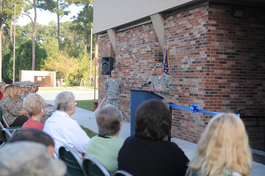 U.S. Air Force Col. Steven Ramer, 23d Wing vice commander, gives remarks during a ribbon-cutting ceremony for the renovated Housing Welcome Center at Moody Air Force Base, Ga., Oct. 24, 2012. The new housing center was created to provide better customer service for incoming Airmen and their families. (U.S. Air Force photo by Airman 1st Class Olivia Bumpers/Released)